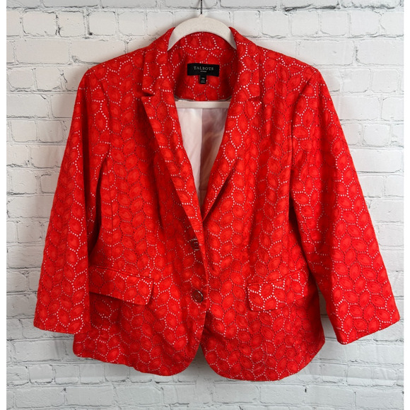 TALBOTS Petite scarlet red orange undertone eyelet cotton blazer jacket 14P NWOT - Picture 1 of 13